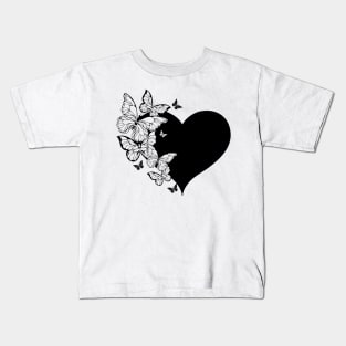 Black Heart with Contour Butterflies Kids T-Shirt